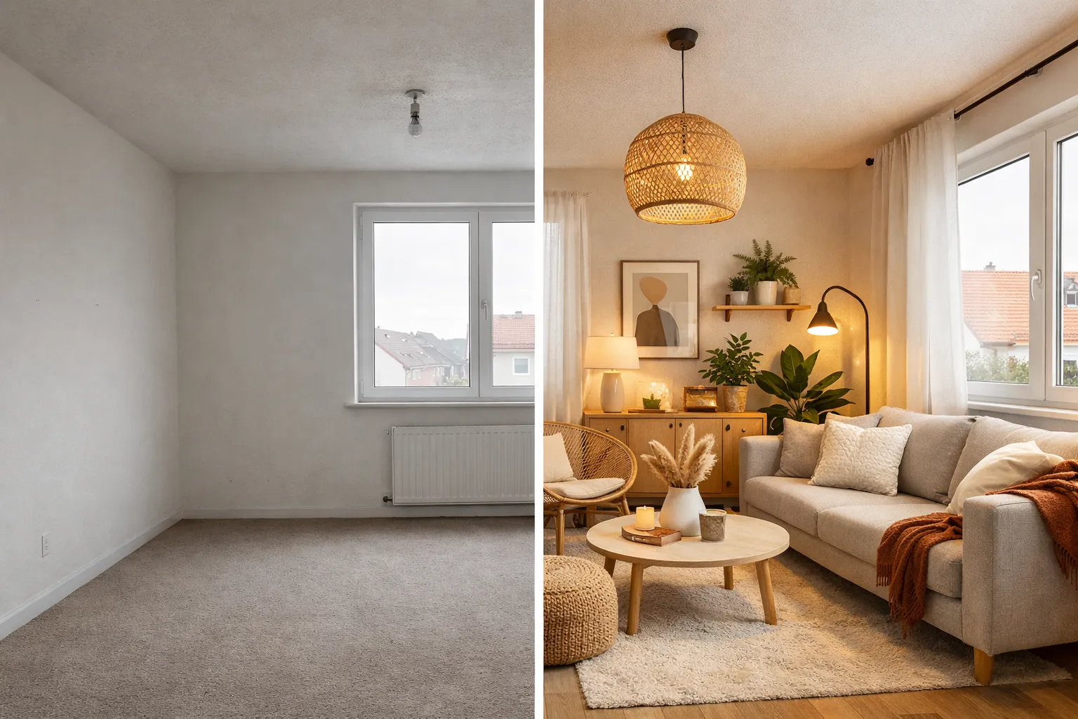 AI image editing before/after — room redesign comparison