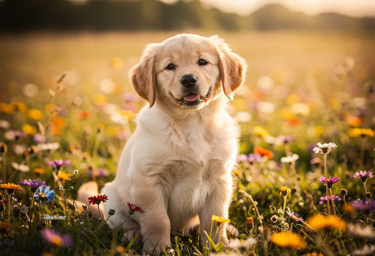 AI text-to-image example — golden retriever puppy in wildflowers